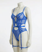 Blue Lace And Mesh Bodysuit With Garter Straps - Marelia