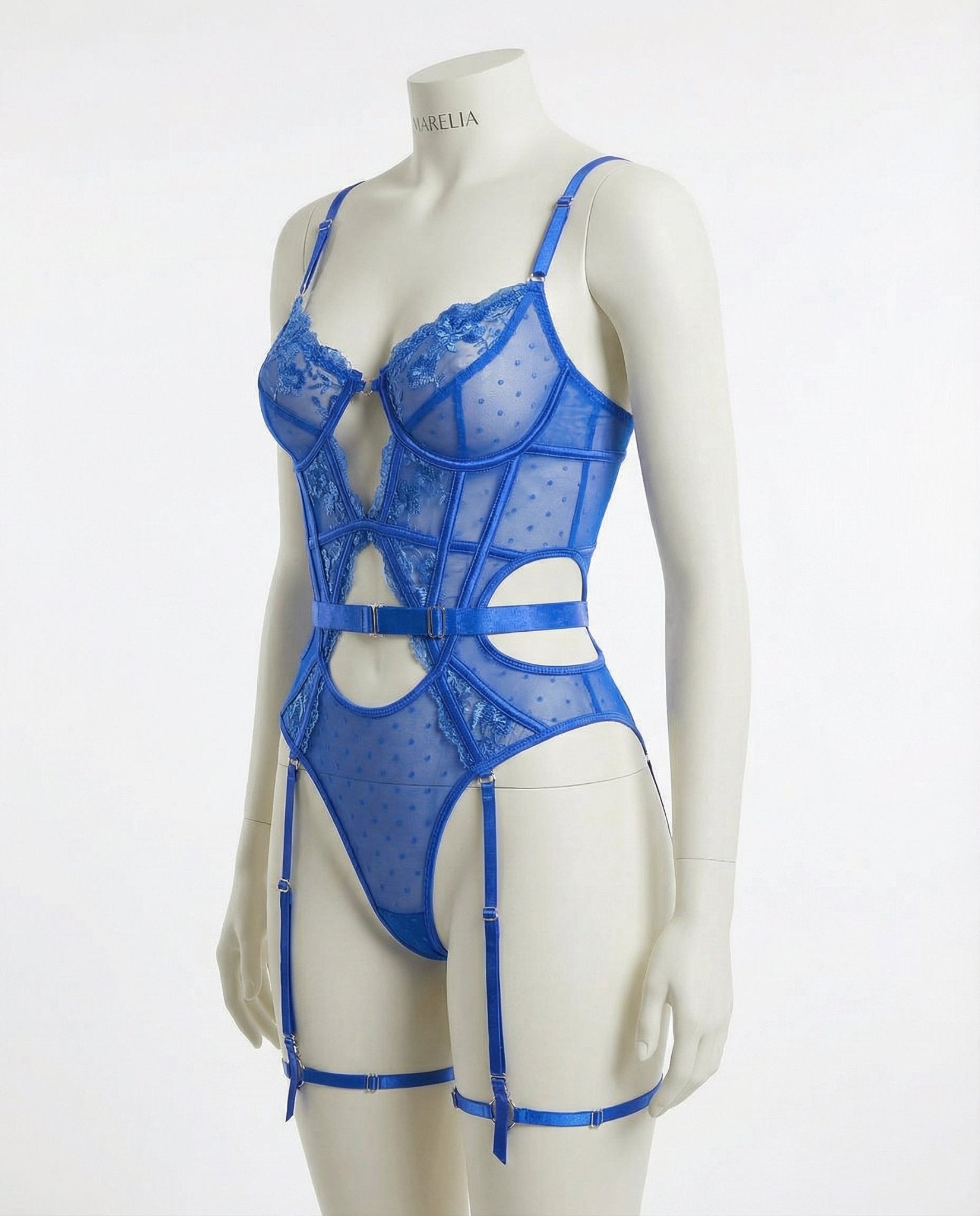 Blue Lace And Mesh Bodysuit With Garter Straps - Marelia