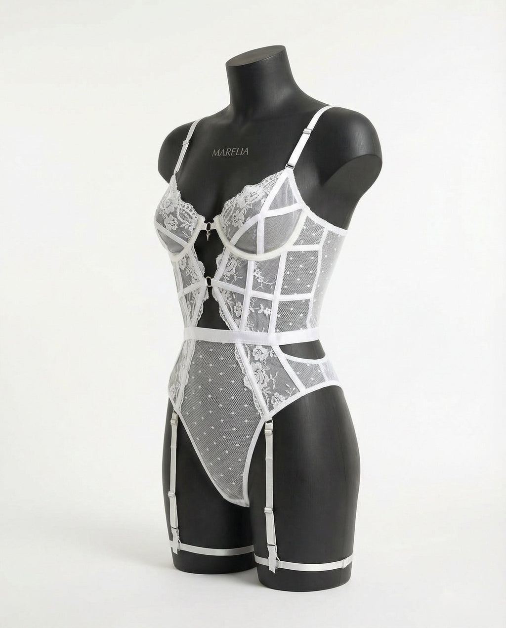 White Lace And Mesh Bodysuit With Garter Straps - Marelia