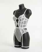 White Lace And Mesh Bodysuit With Garter Straps - Marelia