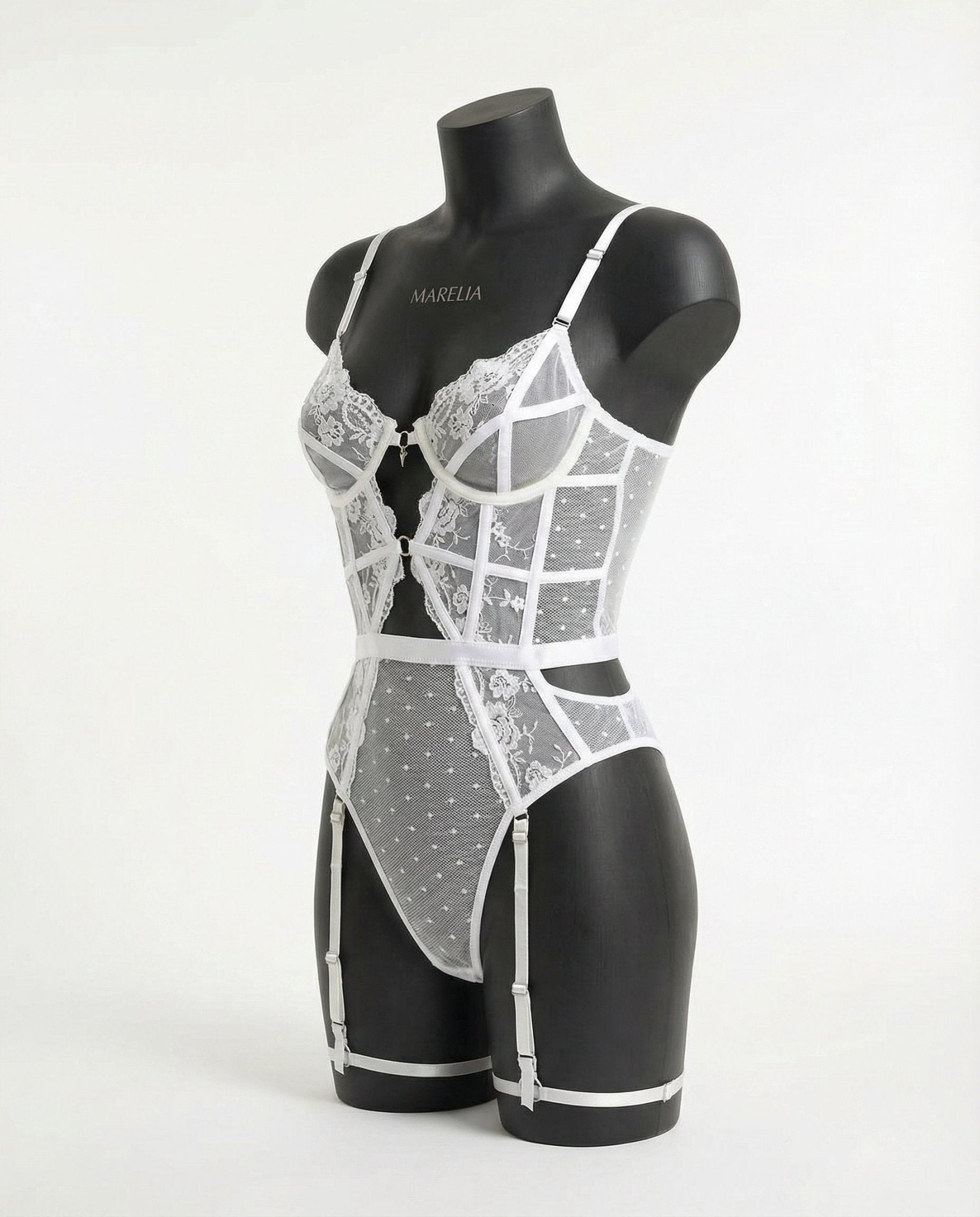 White Lace And Mesh Bodysuit With Garter Straps - Marelia