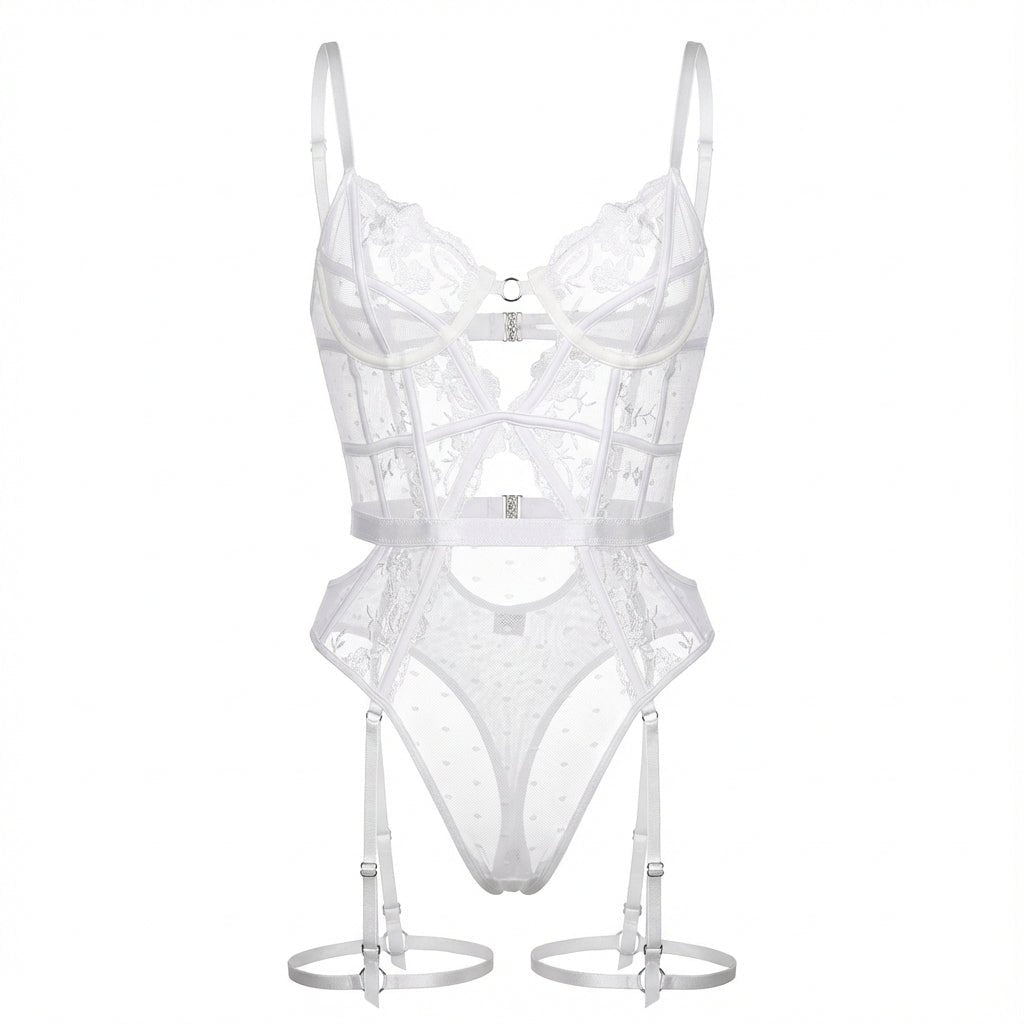 White Lace And Mesh Bodysuit With Garter Straps - Marelia