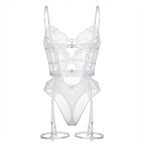 White Lace And Mesh Bodysuit With Garter Straps - Marelia