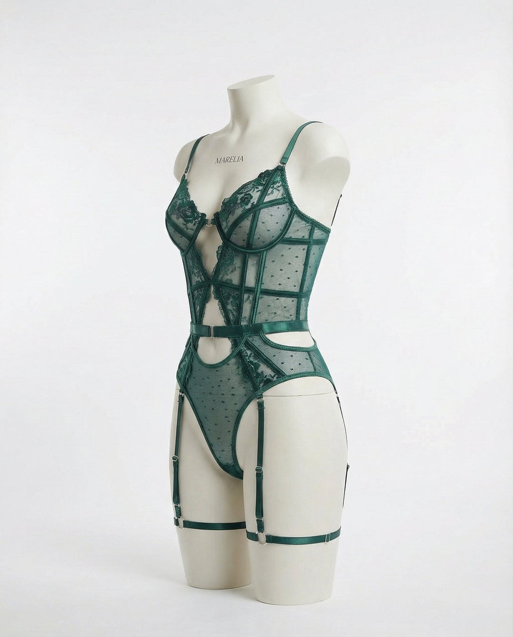Green Lace And Mesh Bodysuit With Garter Straps - Marelia