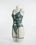 Green Lace And Mesh Bodysuit With Garter Straps - Marelia