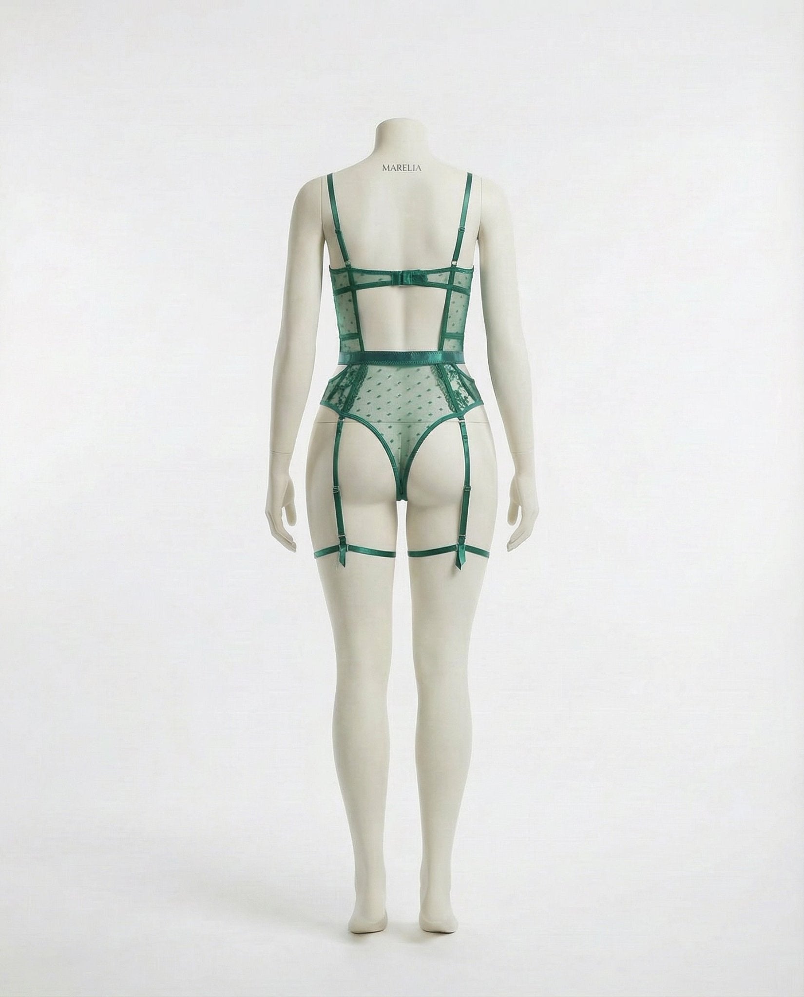 Green Lace And Mesh Bodysuit With Garter Straps - Marelia
