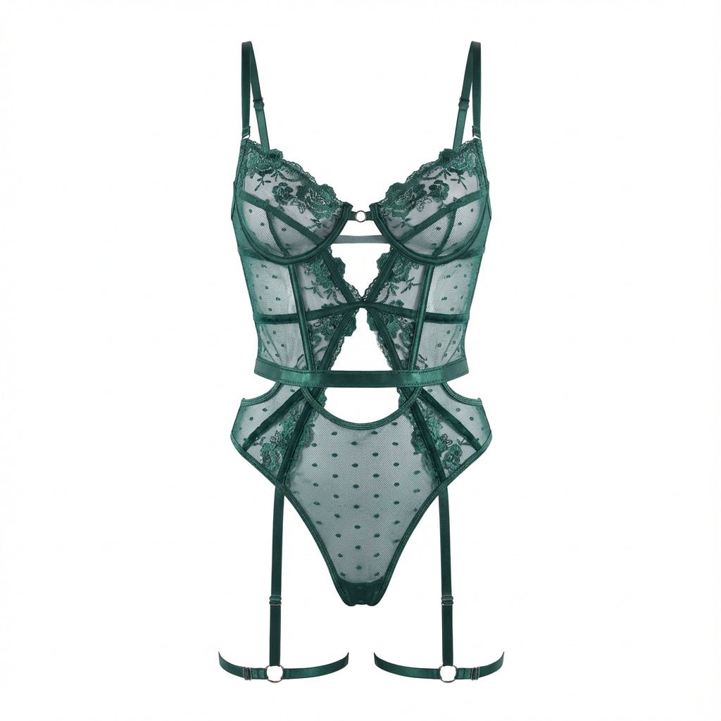 Green Lace And Mesh Bodysuit With Garter Straps - Marelia