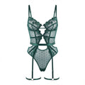 Green Lace And Mesh Bodysuit With Garter Straps - Marelia