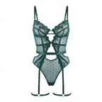 Green Lace And Mesh Bodysuit With Garter Straps - Marelia