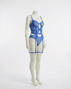 Blue Lace And Mesh Bodysuit With Garter Straps - Marelia