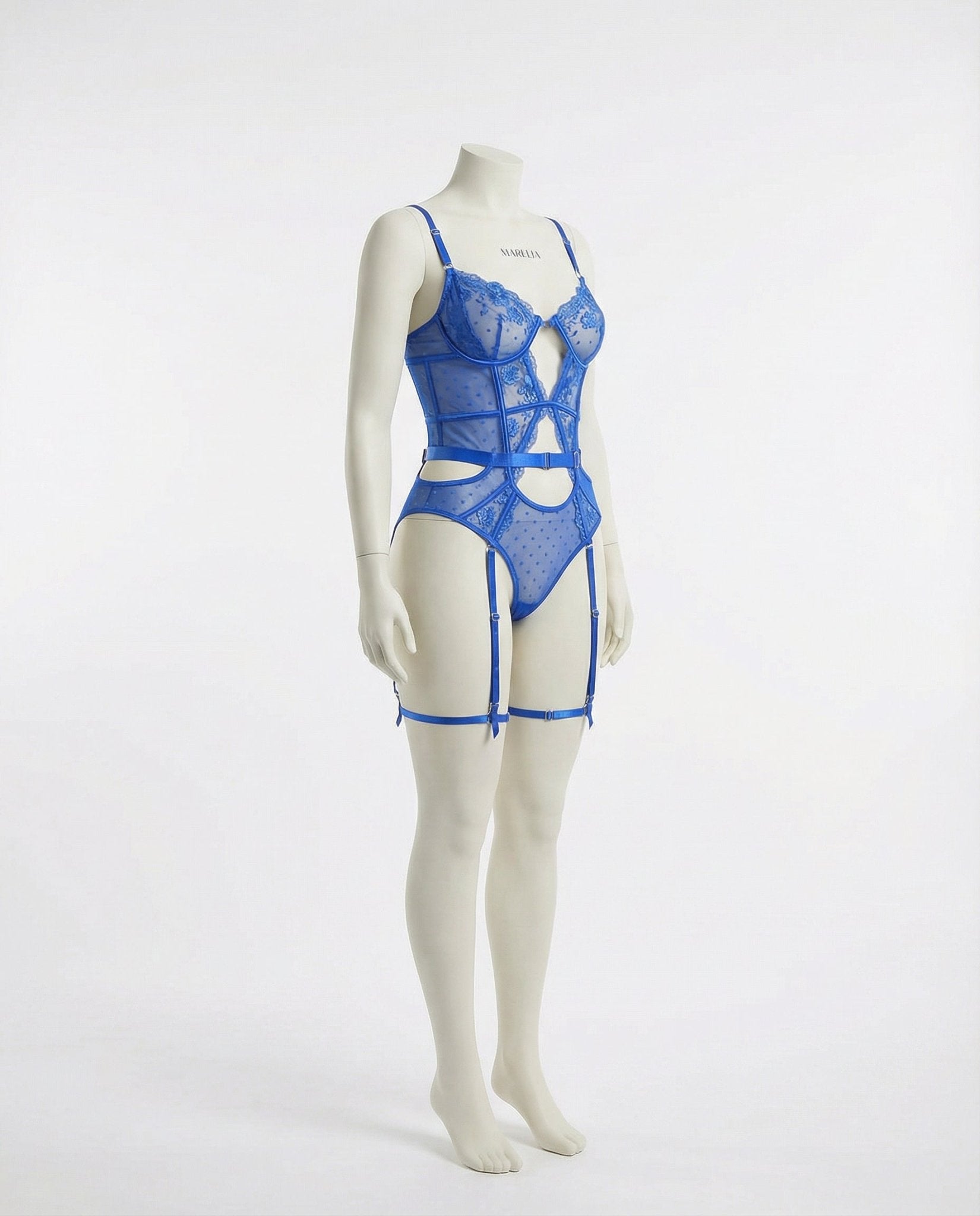 Blue Lace And Mesh Bodysuit With Garter Straps - Marelia
