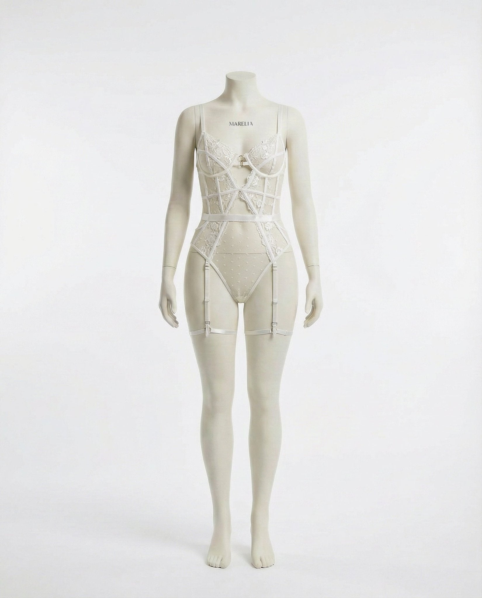 White Lace And Mesh Bodysuit With Garter Straps - Marelia