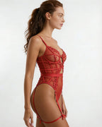 Red Lace And Mesh Bodysuit With Garter Straps - MARELIA