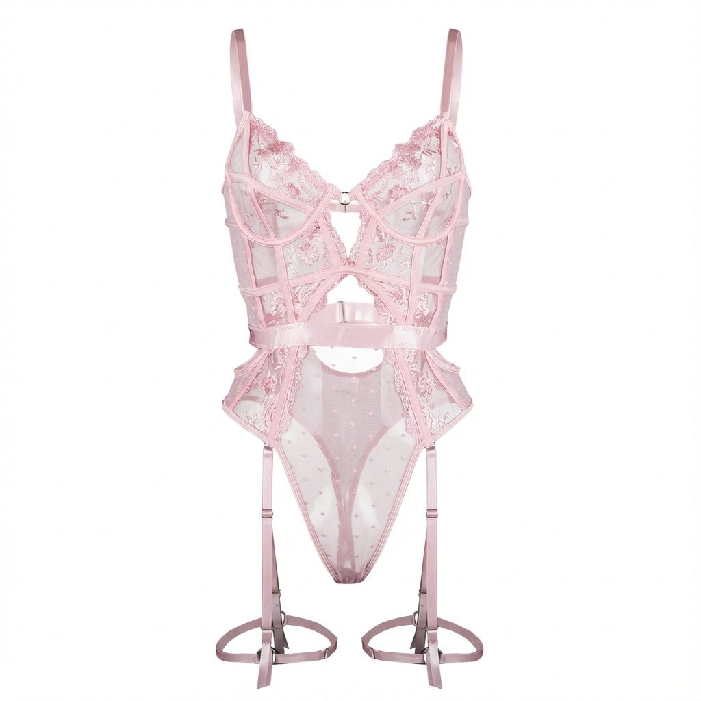 Pink Lace And Mesh Bodysuit With Garter Straps - Marelia