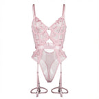 Pink Lace And Mesh Bodysuit With Garter Straps - Marelia