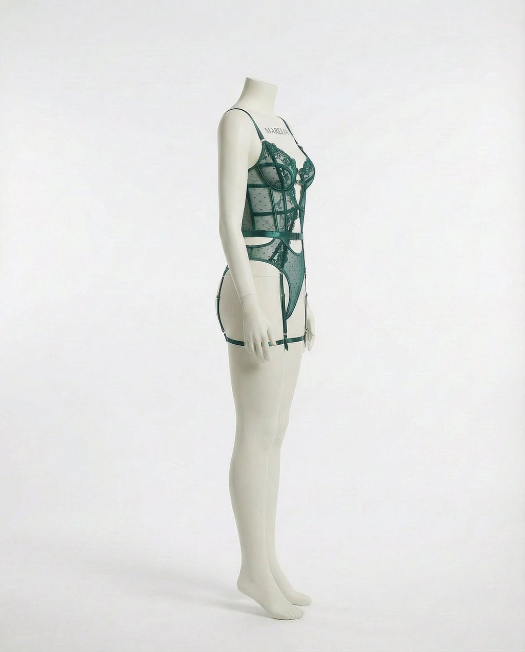 Green Lace And Mesh Bodysuit With Garter Straps - Marelia