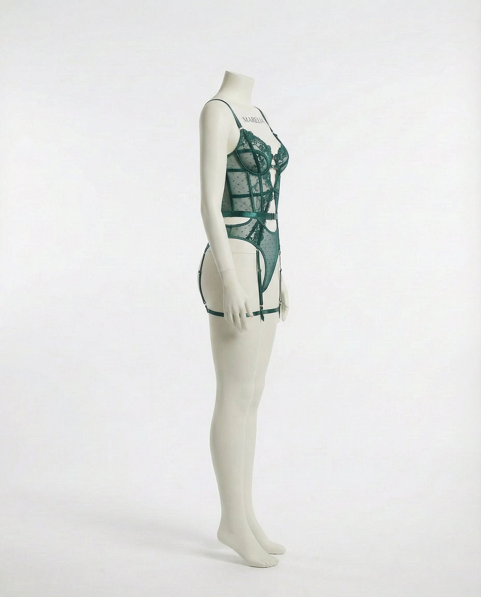 Green Lace And Mesh Bodysuit With Garter Straps - Marelia