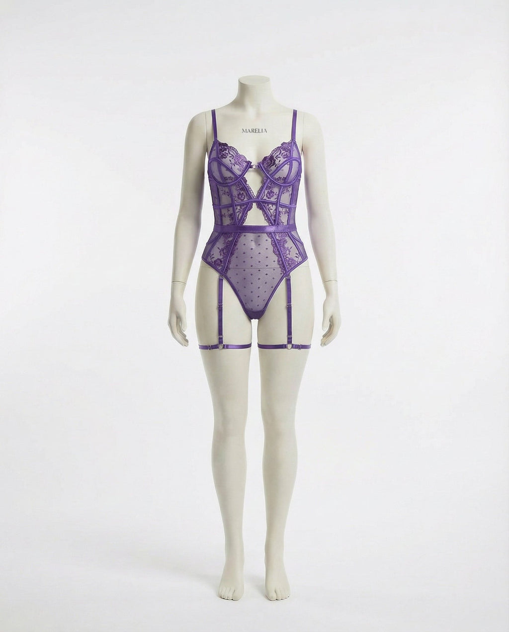 Purple Lace And Mesh Bodysuit With Garter Straps - Marelia