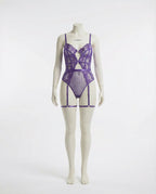 Purple Lace And Mesh Bodysuit With Garter Straps - Marelia