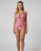 Pink Lace And Mesh Bodysuit With Garter Straps - Marelia