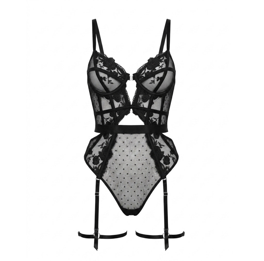 Lace And Mesh Bodysuit With Garter Straps