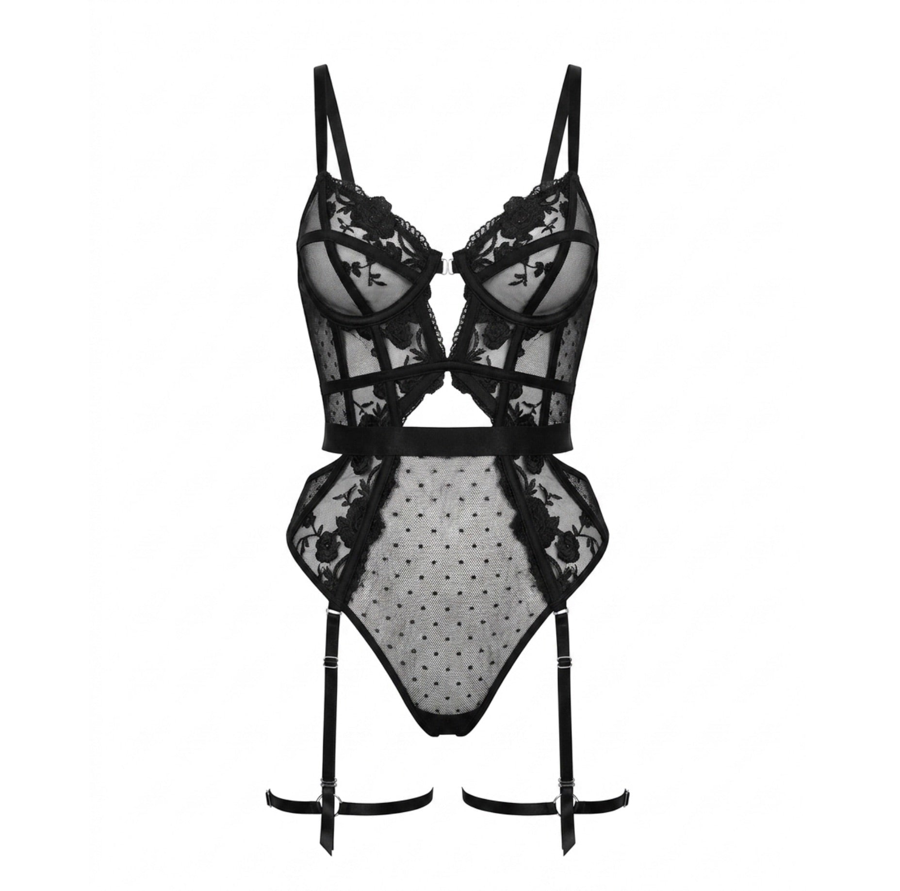 Lace And Mesh Bodysuit With Garter Straps