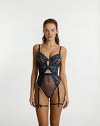 Navy Lace And Mesh Bodysuit With Garter Straps - MARELIA