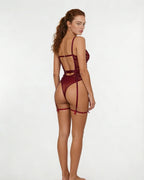Burgundy Lace And Mesh Bodysuit With Garter Straps - MARELIA