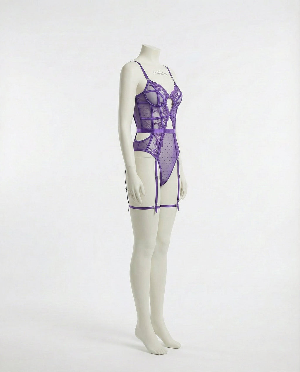 Purple Lace And Mesh Bodysuit With Garter Straps - Marelia