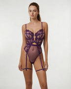 Purple Lace And Mesh Bodysuit With Garter Straps - Marelia