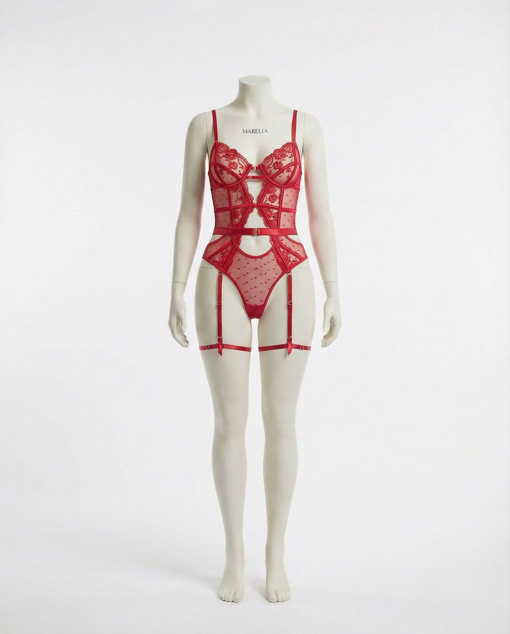 Red Lace And Mesh Bodysuit With Garter Straps - Marelia