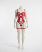 Red Lace And Mesh Bodysuit With Garter Straps - Marelia