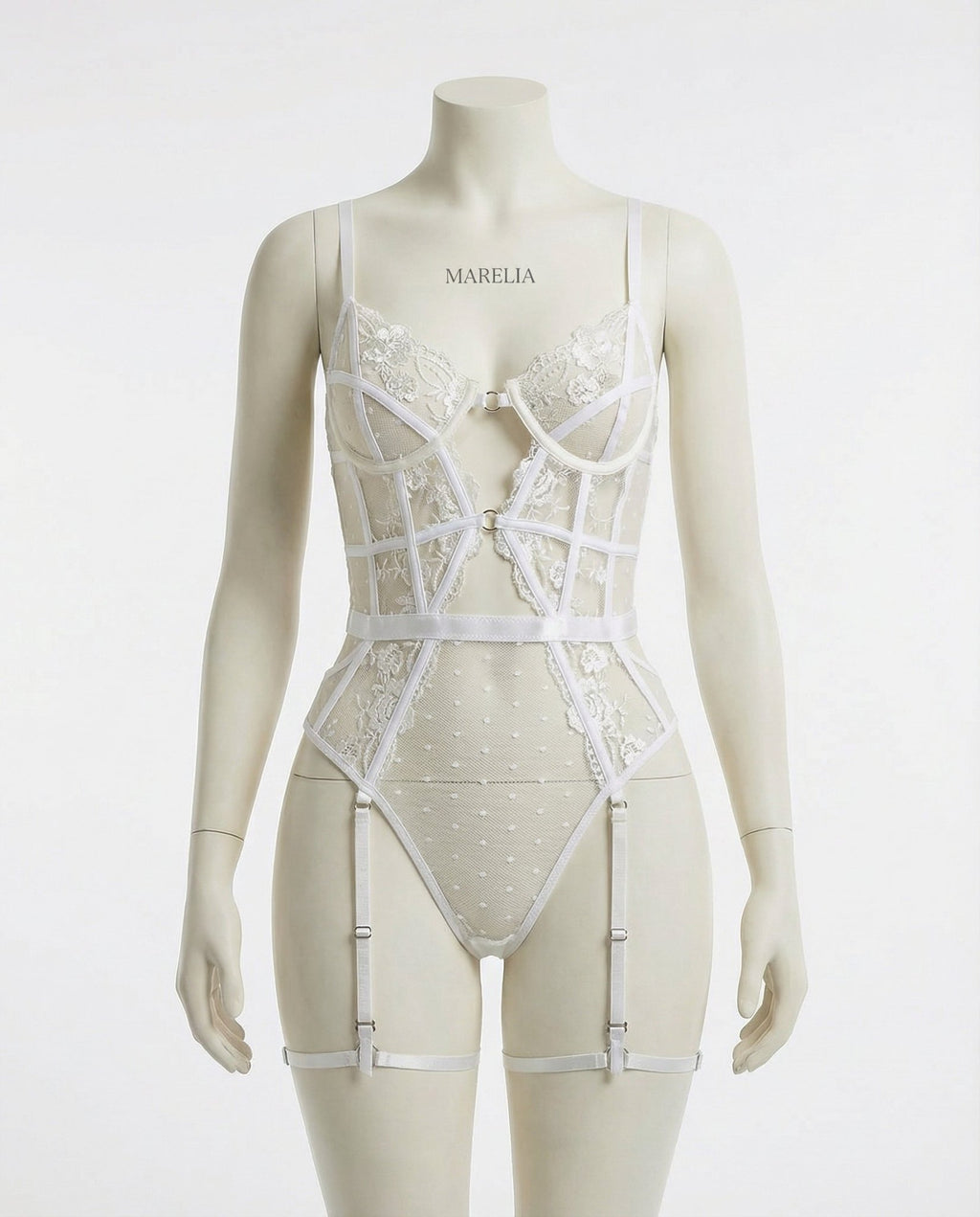 White Lace And Mesh Bodysuit With Garter Straps - Marelia