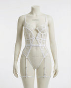 White Lace And Mesh Bodysuit With Garter Straps - Marelia