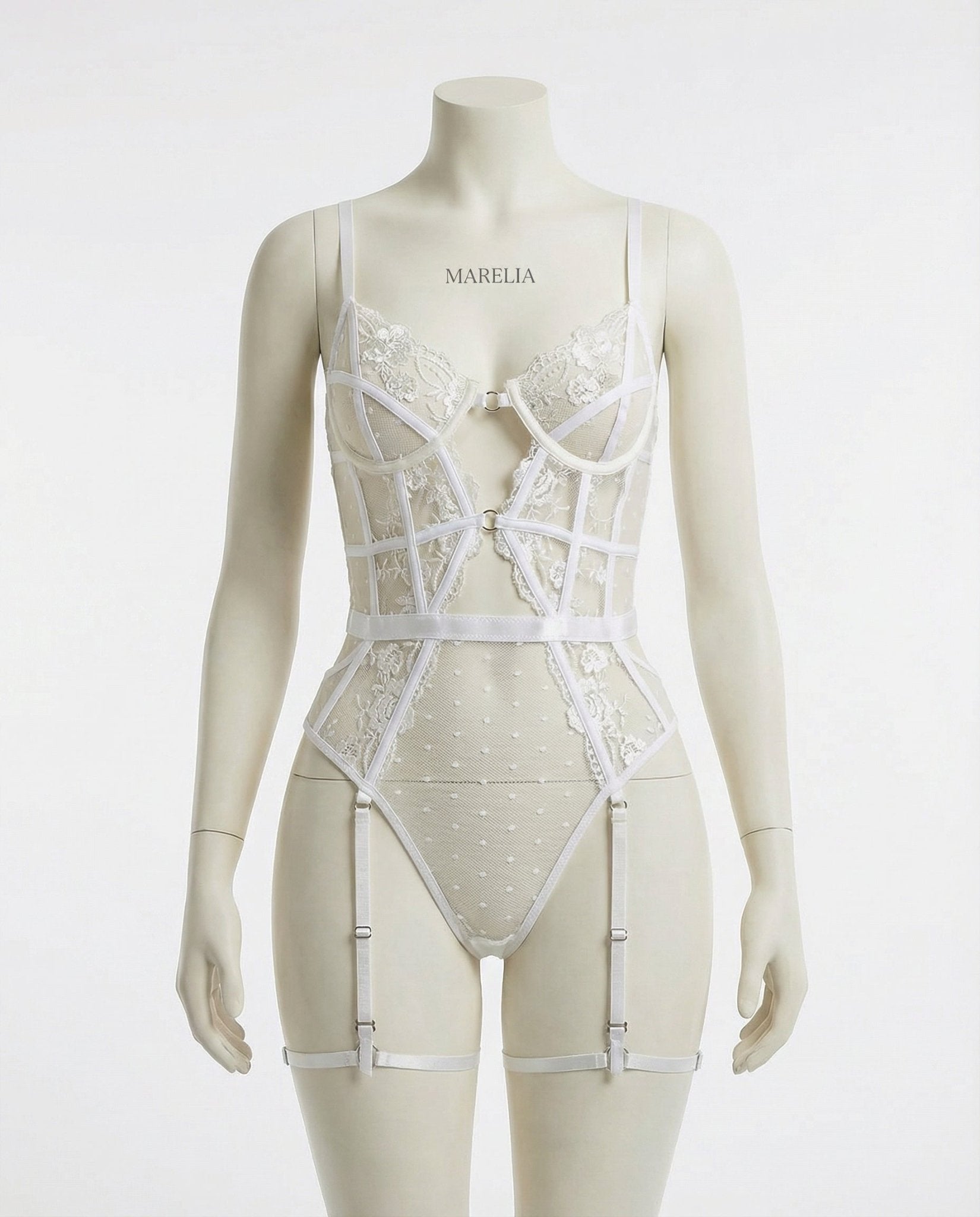 White Lace And Mesh Bodysuit With Garter Straps - Marelia