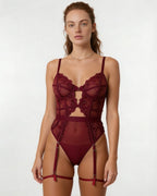 Burgundy Lace And Mesh Bodysuit With Garter Straps - MARELIA