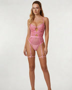 Pink Lace And Mesh Bodysuit With Garter Straps - Marelia