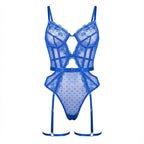Blue Lace And Mesh Bodysuit With Garter Straps - Marelia