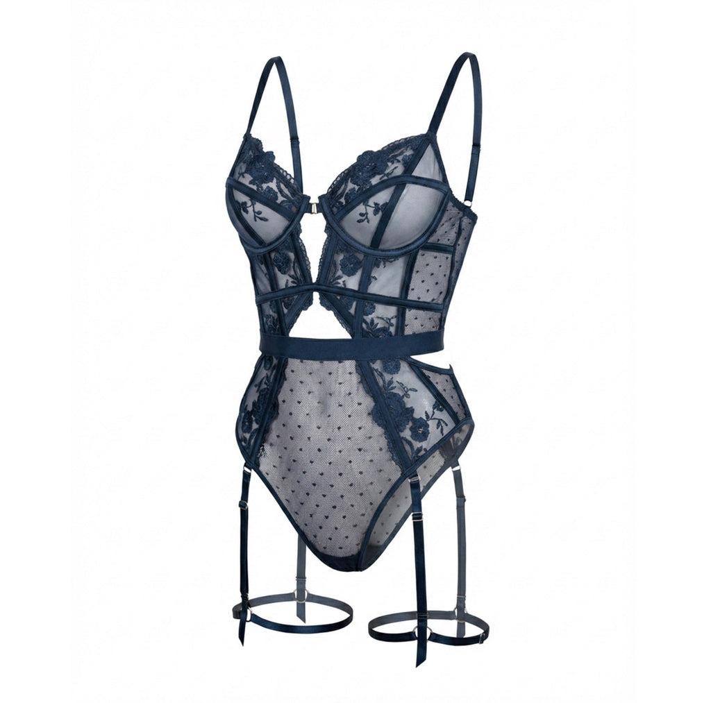Lace And Mesh Bodysuit With Garter Straps