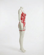 Red Lace And Mesh Bodysuit With Garter Straps - Marelia
