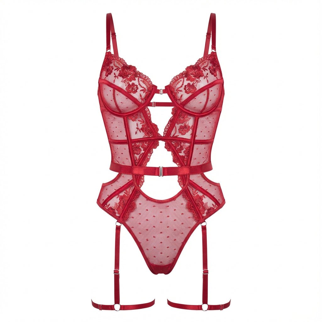 Red Lace And Mesh Bodysuit With Garter Straps - Marelia