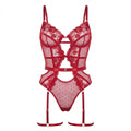 Red Lace And Mesh Bodysuit With Garter Straps - Marelia