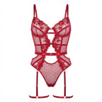 Red Lace And Mesh Bodysuit With Garter Straps - Marelia