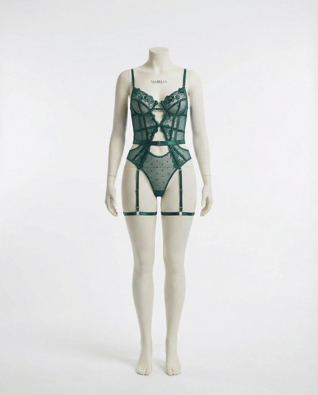 Green Lace And Mesh Bodysuit With Garter Straps - Marelia