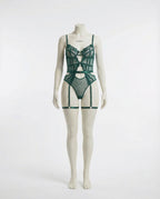 Green Lace And Mesh Bodysuit With Garter Straps - Marelia