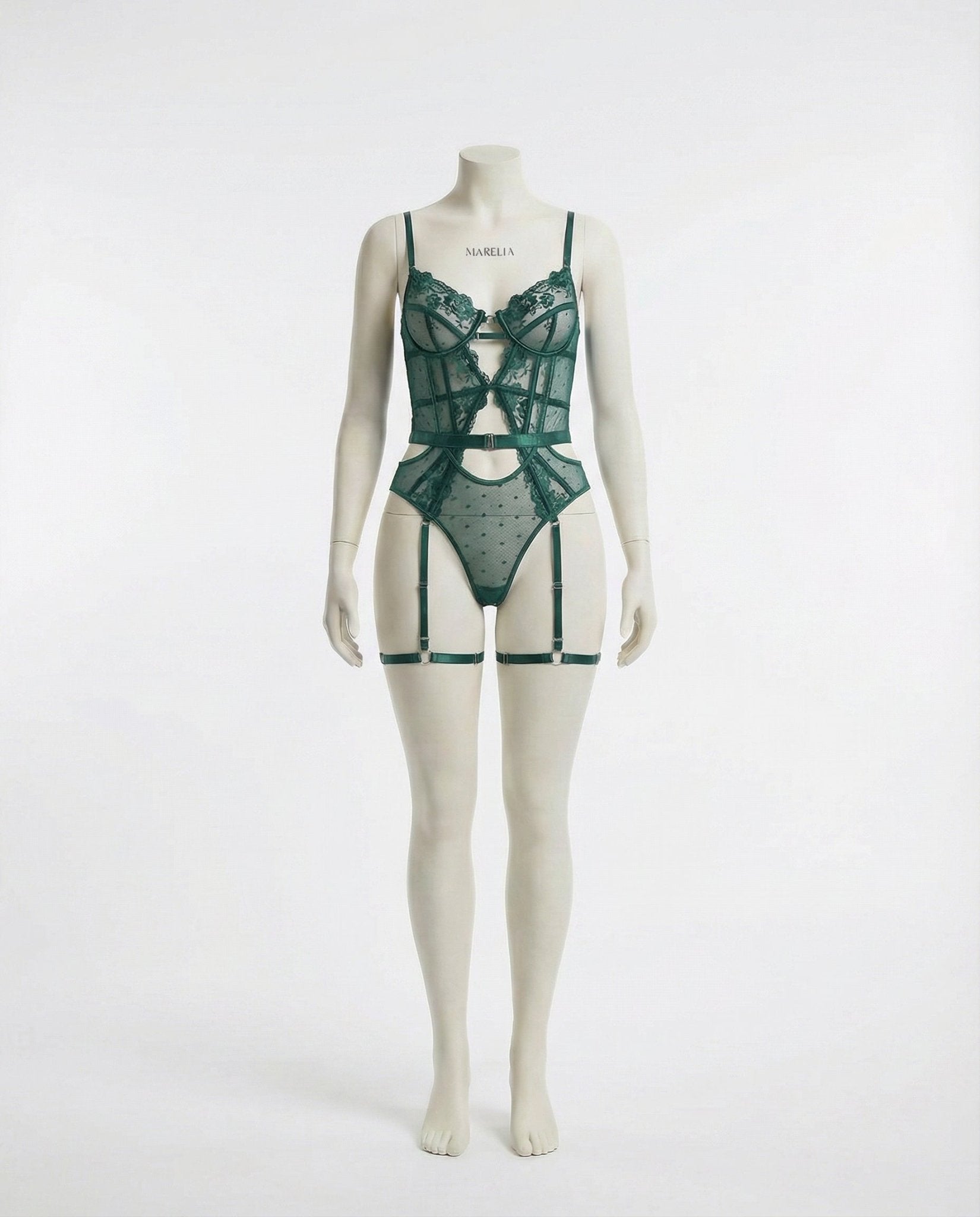 Green Lace And Mesh Bodysuit With Garter Straps - Marelia