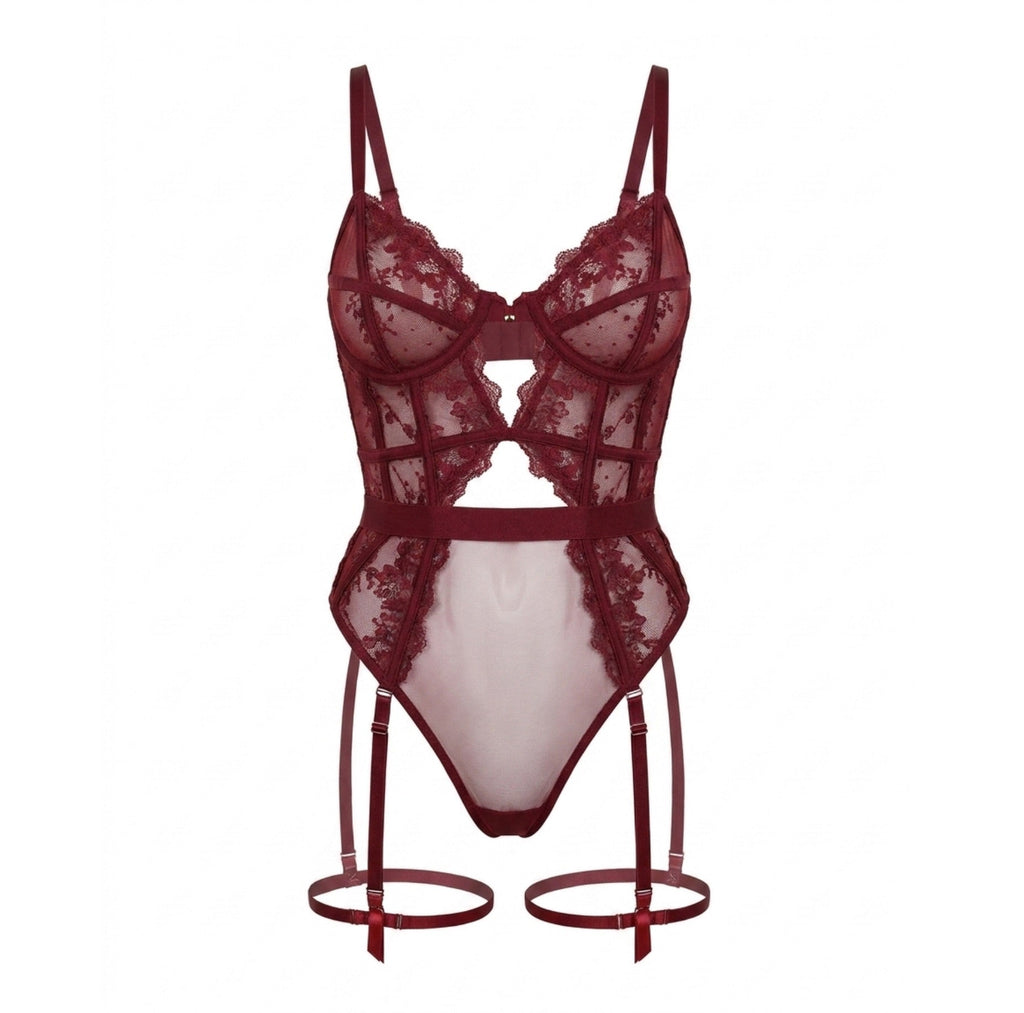 Lace And Mesh Bodysuit With Garter Straps