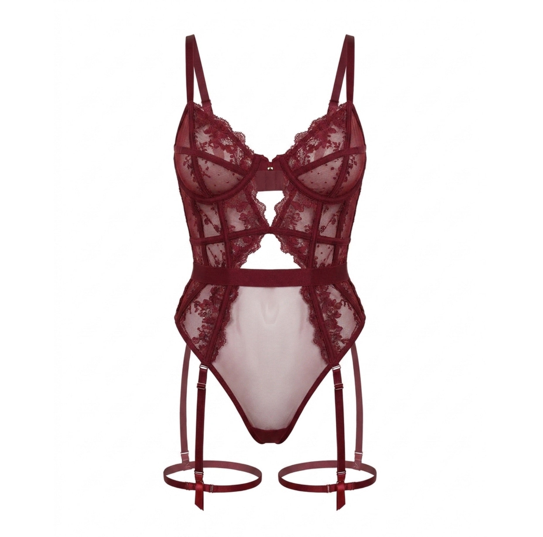 Lace And Mesh Bodysuit With Garter Straps