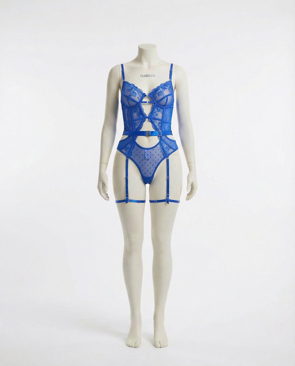 Blue Lace And Mesh Bodysuit With Garter Straps - Marelia