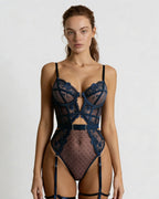 Navy Lace And Mesh Bodysuit With Garter Straps - MARELIA